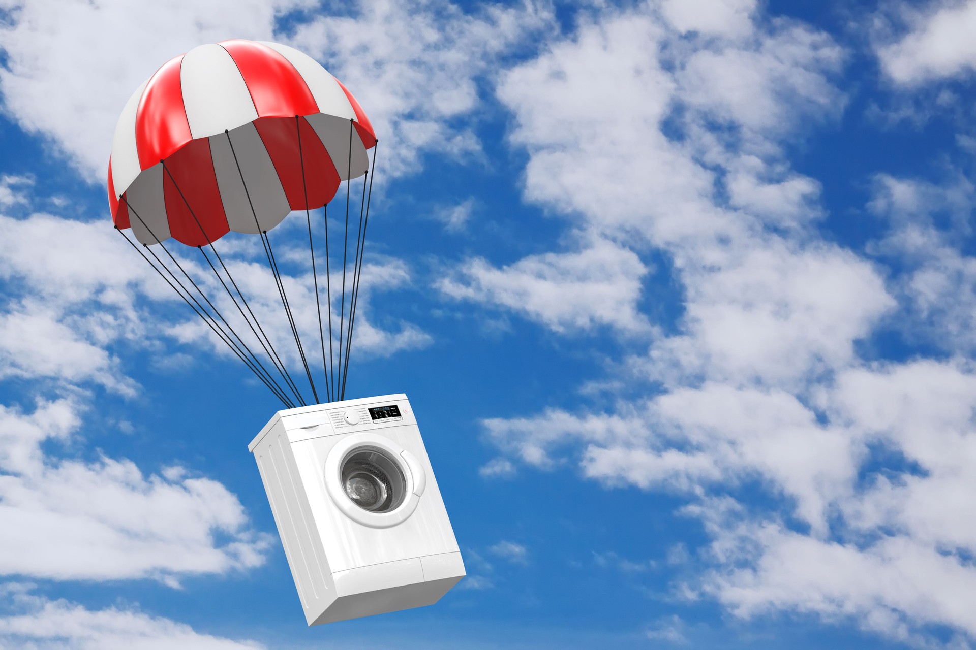 Modern White Washing Machine with Red Parachute. 3d Rendering